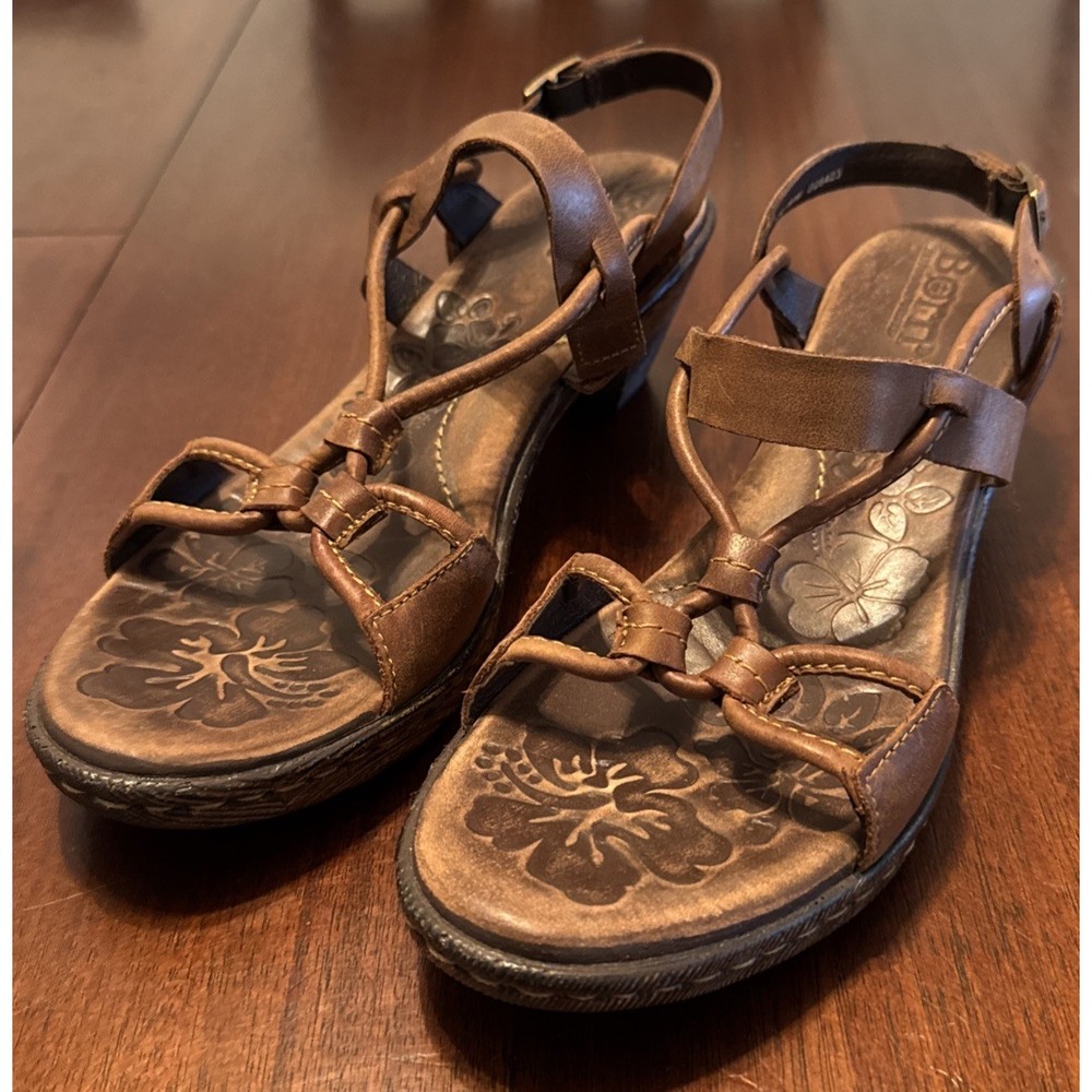 BORN Womens 8/39 Brown Leather Strappy Wedge Sandals Ankle Strap Mexico
